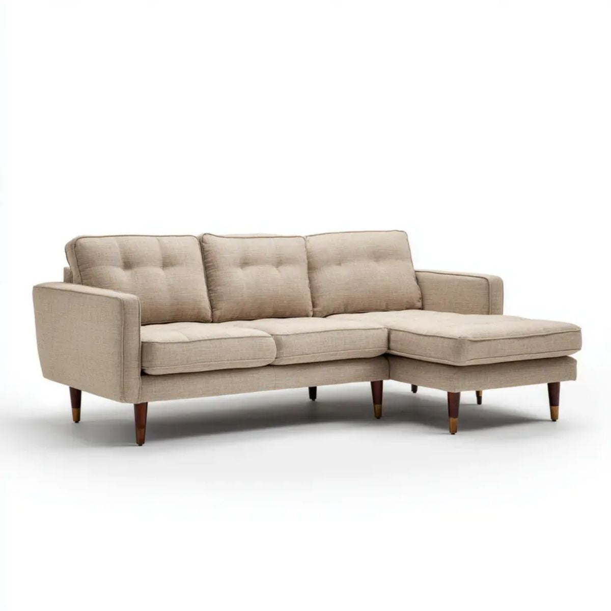 Beżowa sofa narożna z prawostronnym szezlongiem, tapicerowana tkaniną, 250 x 160 x 85 cm