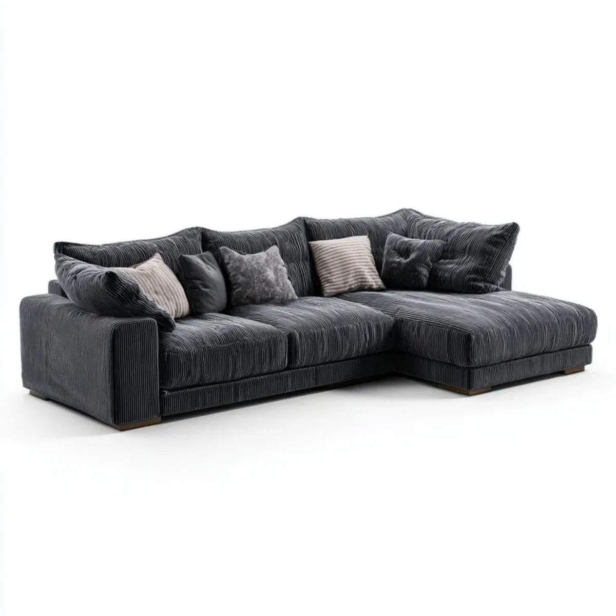 Grafitowa sofa narożna w kształcie L z prawostronnym szezlongiem, prążkowana tapicerka poliestrowa, 285 × 180 × 85 cm