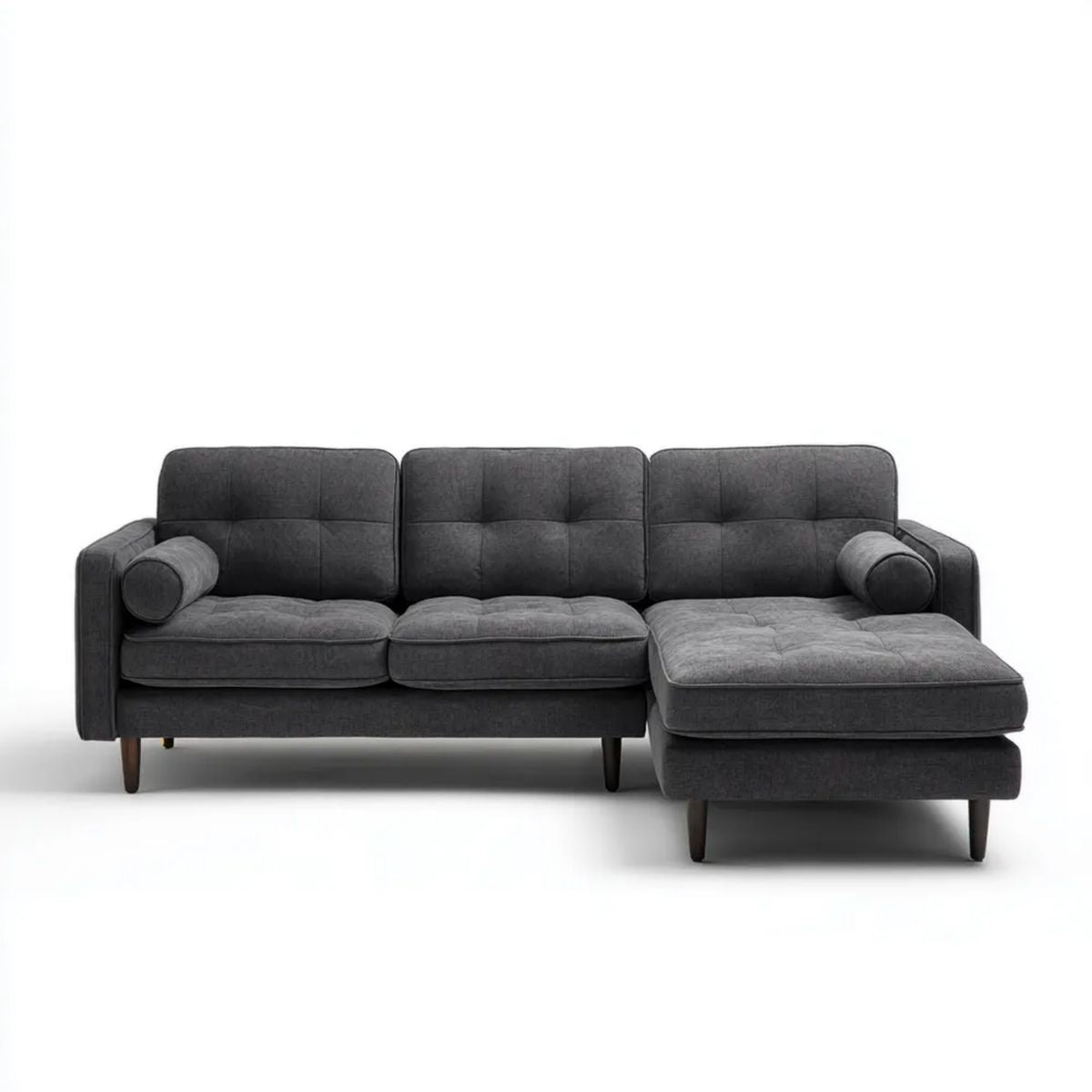 3-osobowa sofa narożna w kształcie L z prawostronnym szezlongiem, poliestrowa, ciemnoszara, 255 x 160 x 85 cm