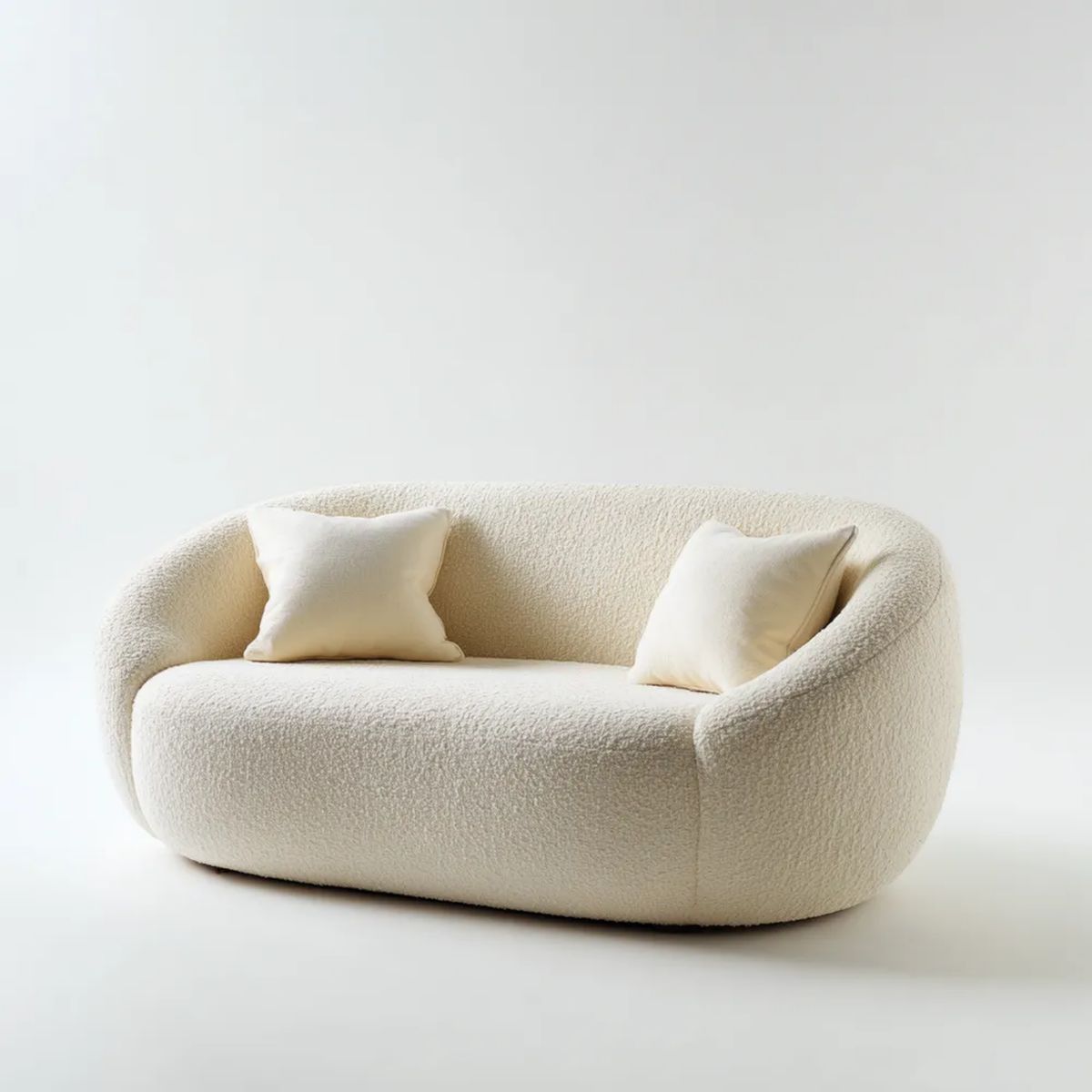 Kremowa dwuosobowa sofa z tkaniny bouclé, zaokrąglona, 180 x 95 x 75 cm