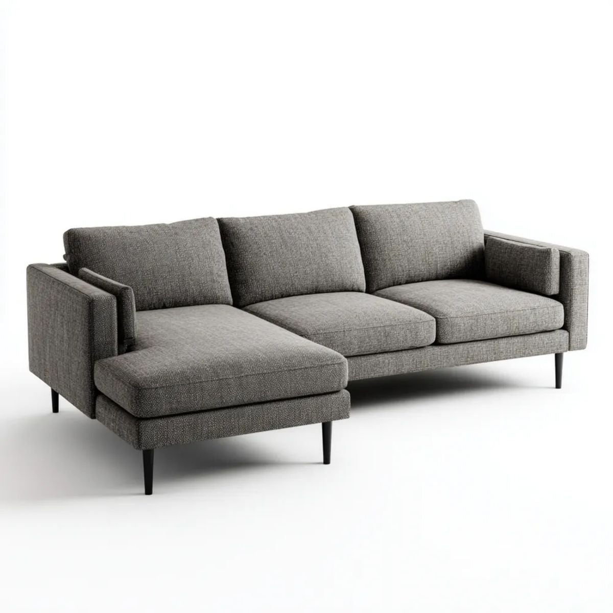 Szara sofa narożna lewostronna z szezlongiem, tapicerowana poliestrem, 250 × 160 × 85 cm