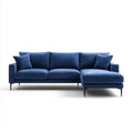 Granatowa sofa narożna z prawostronnym szezlongiem, welurowa, 270 x 160 x 85 cm, kształt L