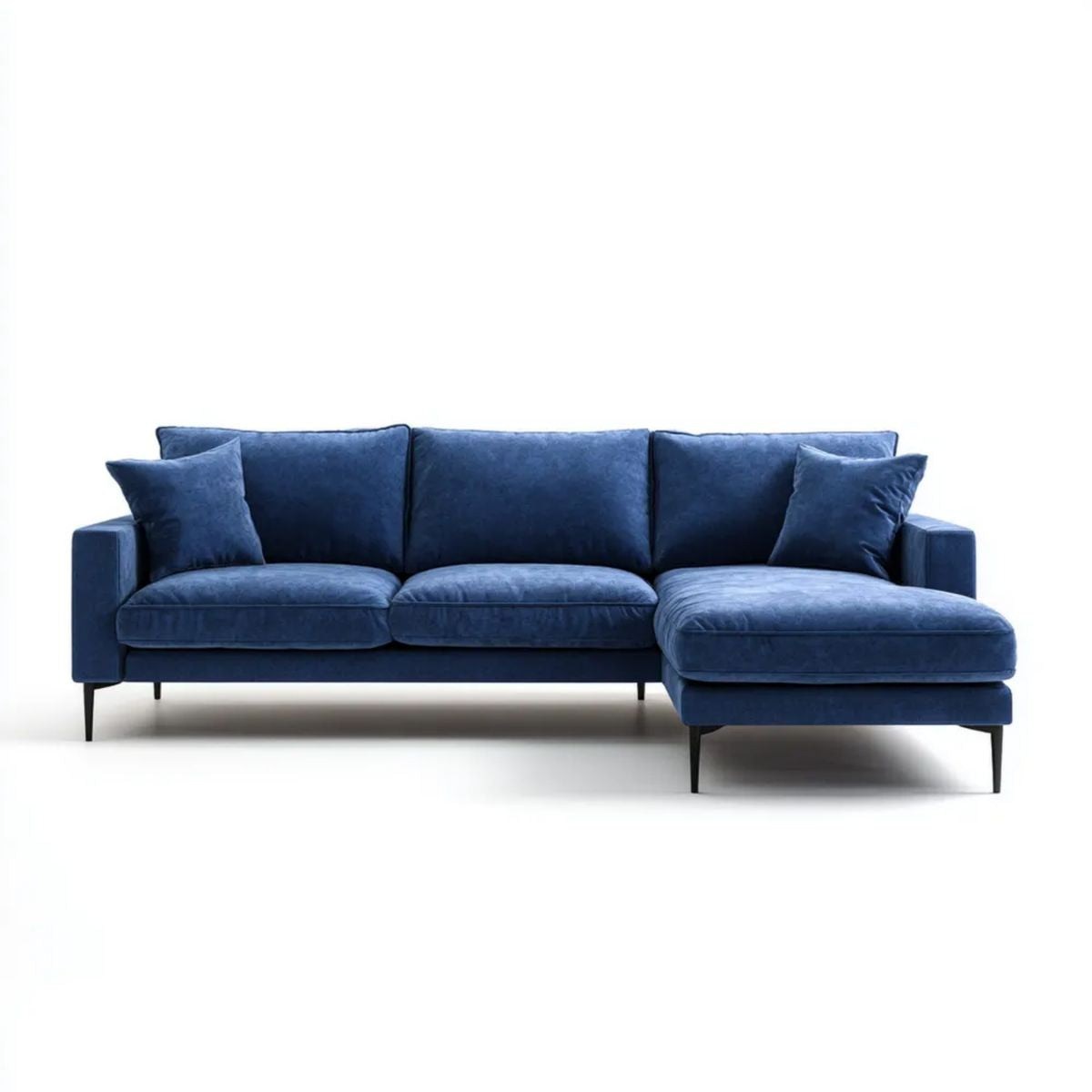 Granatowa sofa narożna z prawostronnym szezlongiem, welurowa, 270 x 160 x 85 cm, kształt L