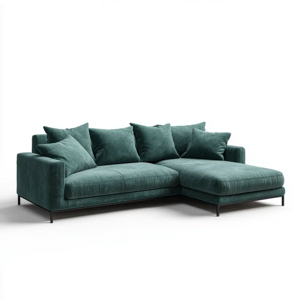 Prawostronna sofa narożna z szezlongiem, aksamitna, ciemnozielona, 260 × 160 × 85 cm