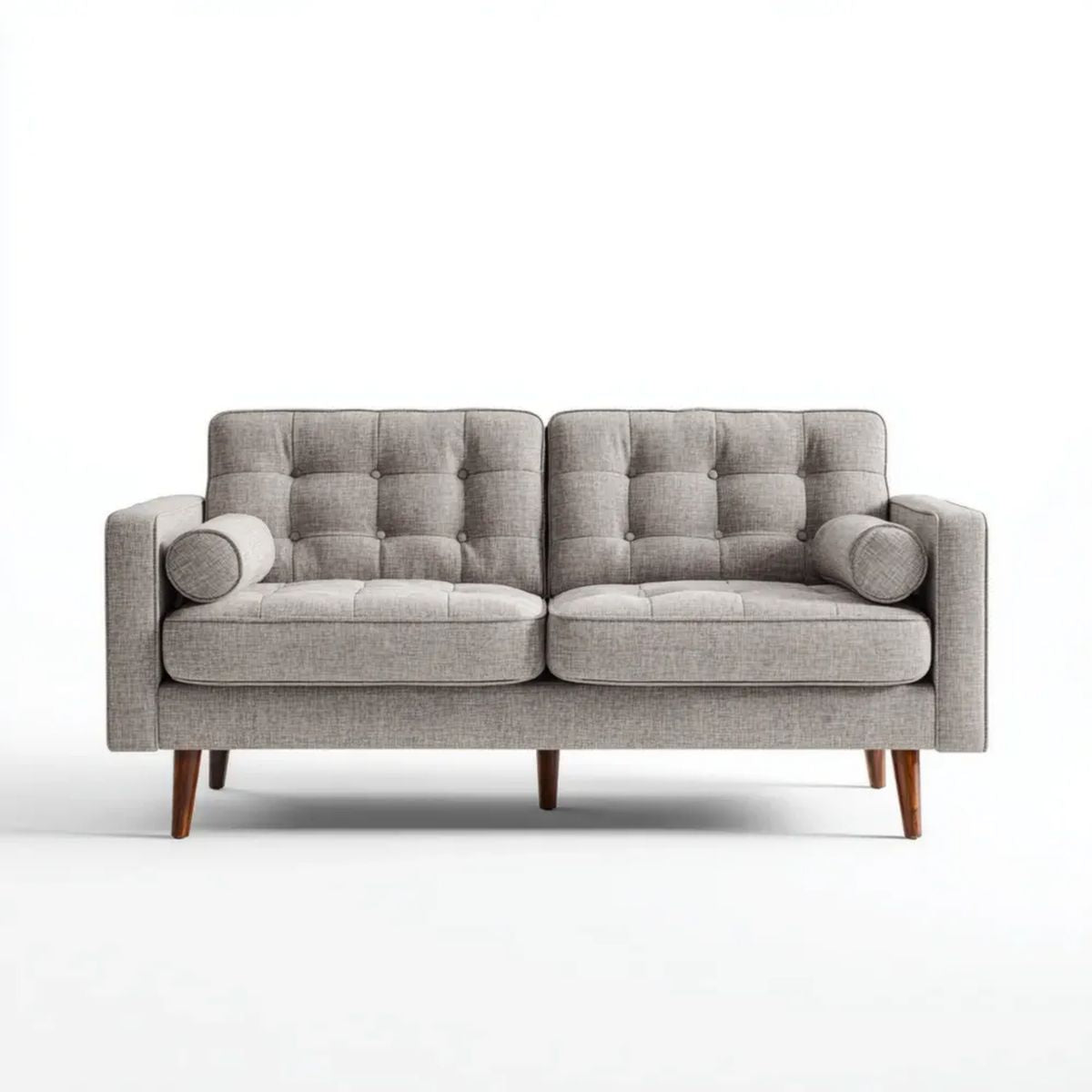 Szara sofa dwuosobowa z tapicerką poliestrową i drewnianymi nogami, 152 × 84 × 86 cm