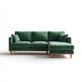 Zielona sofa narożna z prawostronnym szezlongiem, welurowa, 240 × 155 × 84 cm, brązowe nogi