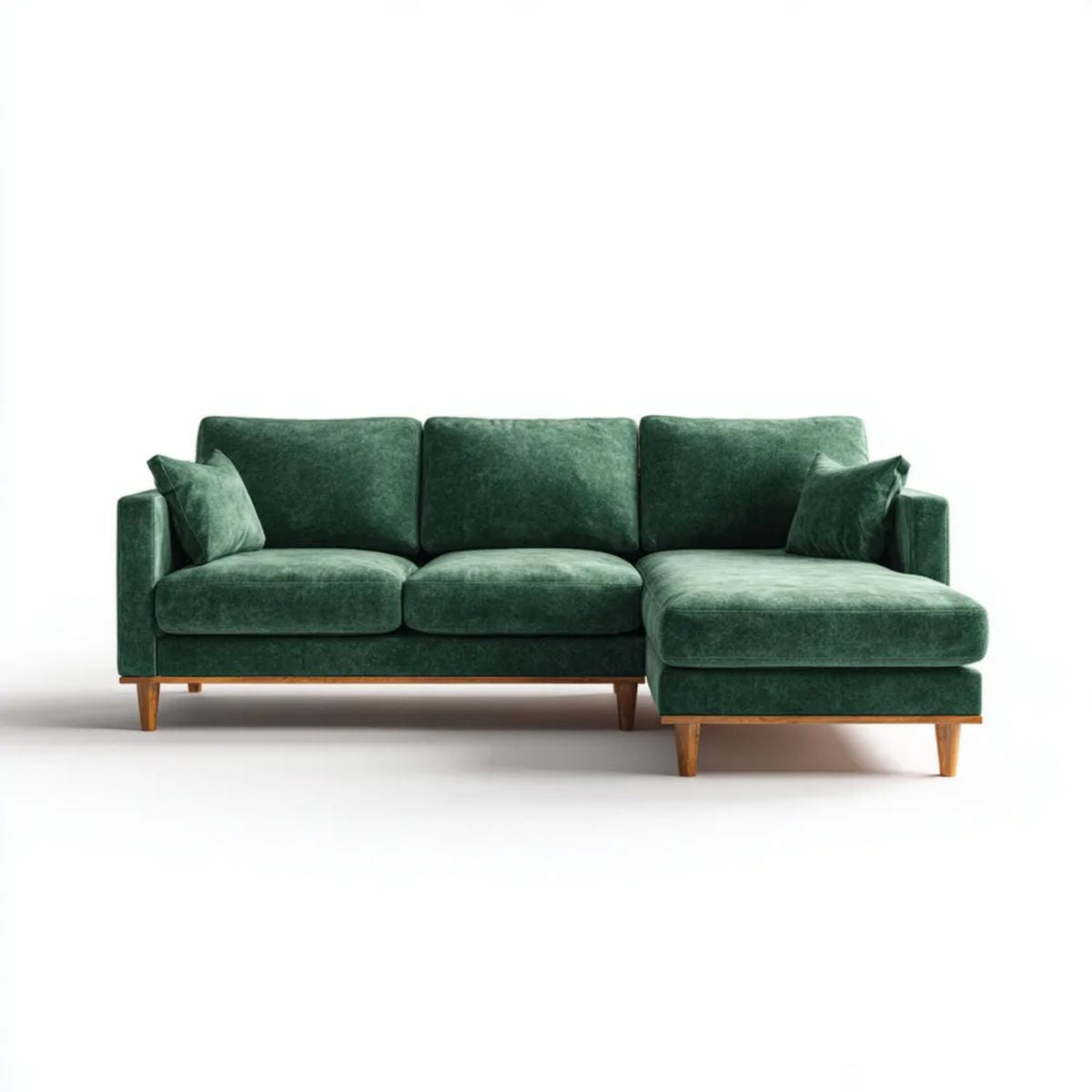 Zielona sofa narożna z prawostronnym szezlongiem, welurowa, 240 × 155 × 84 cm, brązowe nogi