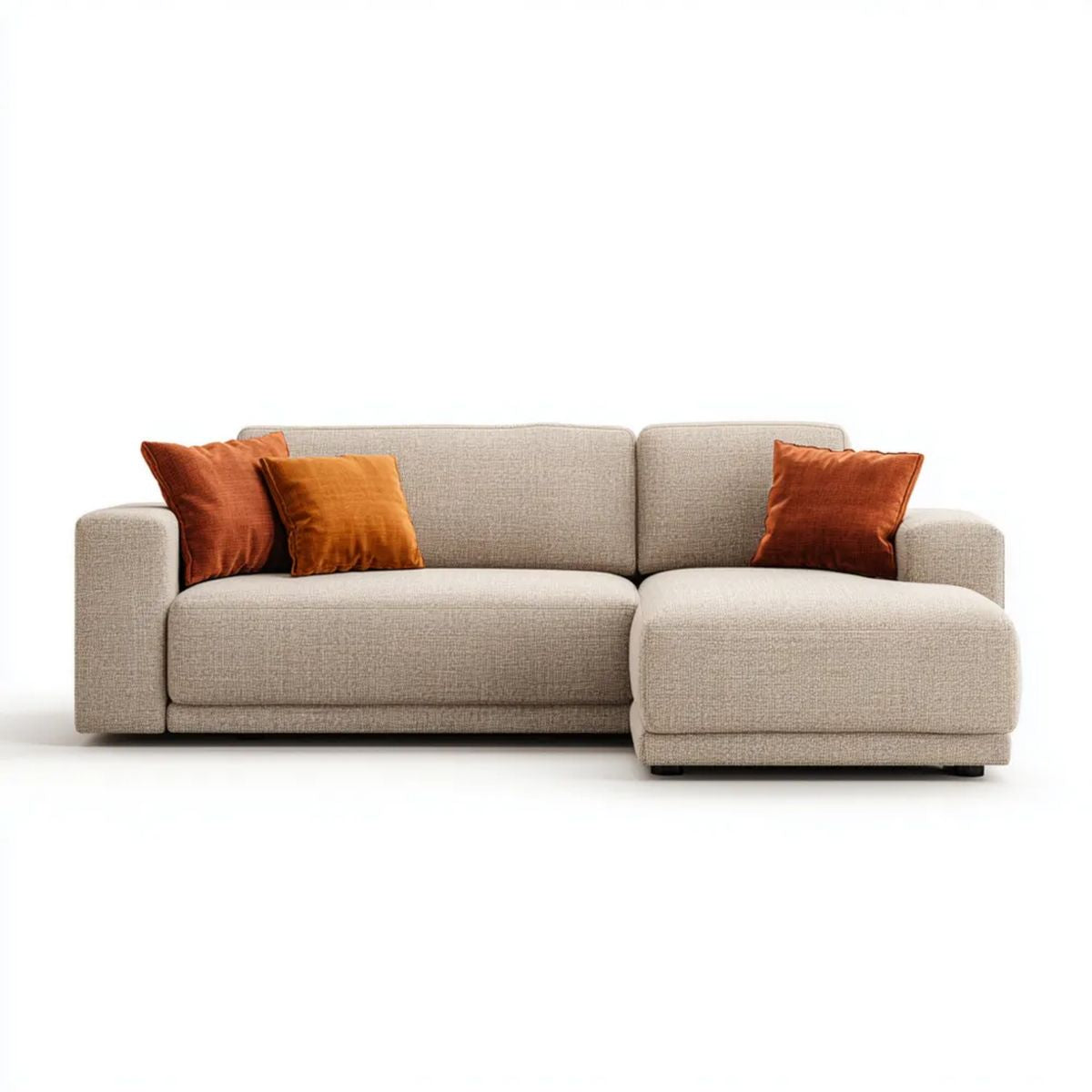 Beżowa sofa narożna z prawostronnym szezlongiem, tapicerka poliestrowa, 270 × 160 × 85 cm