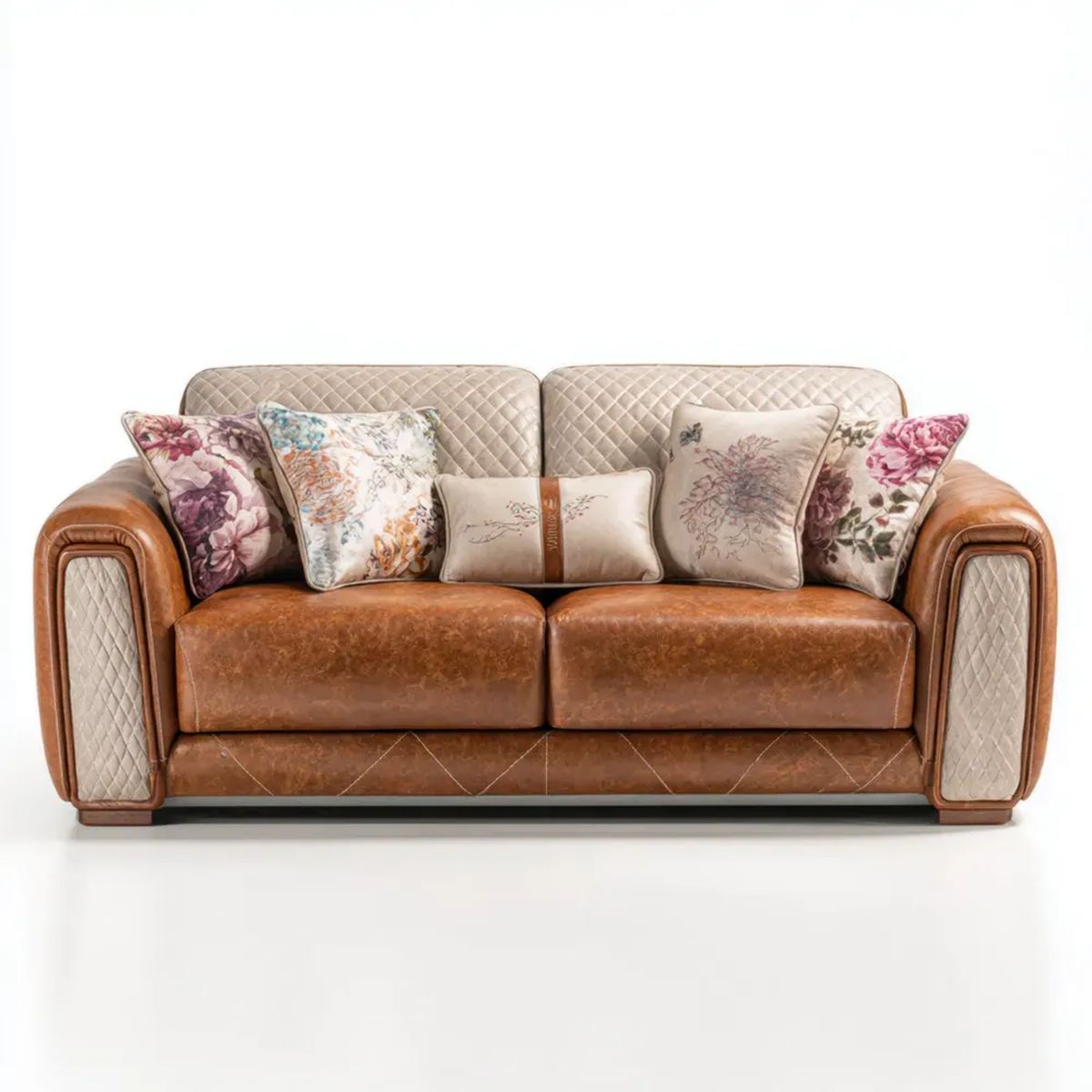Sofa dwuosobowa z ekoskóry brązowo-beżowa z 5 poduszkami, 180 x 90 x 95 cm