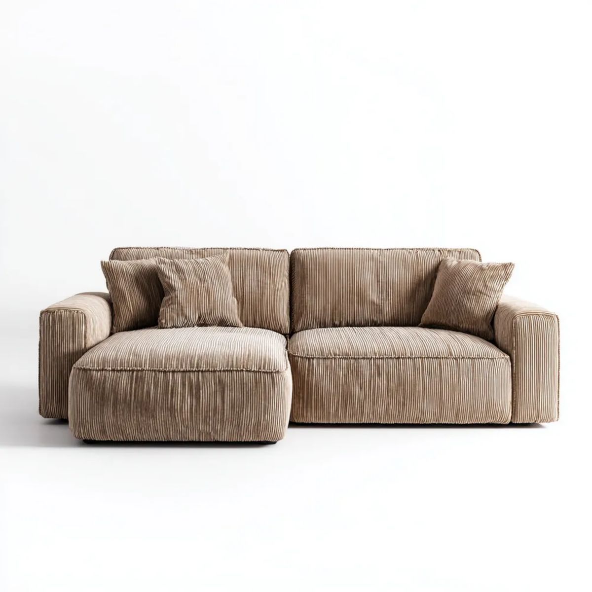Trzyosobowa sofa narożna z lewostronnym szezlongiem, beżowa, z poliestrowego sztruksu, w kształcie L, 250 x 160 x 85 cm