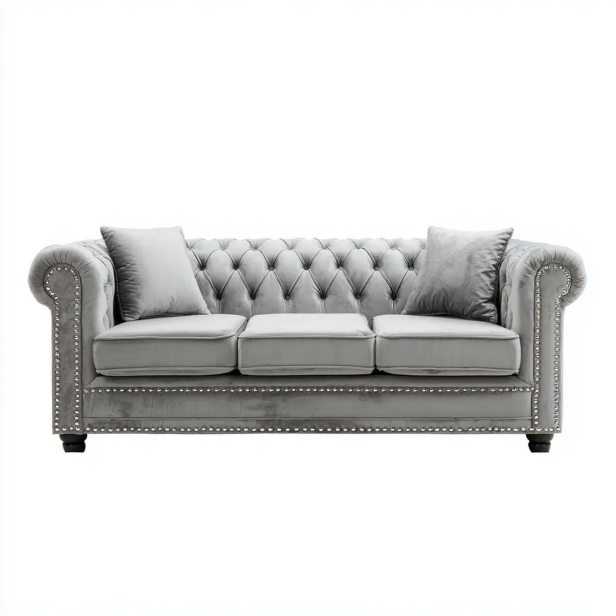 Trzyosobowa sofa Chesterfield z aksamitu szara 220 x 90 x 78 cm