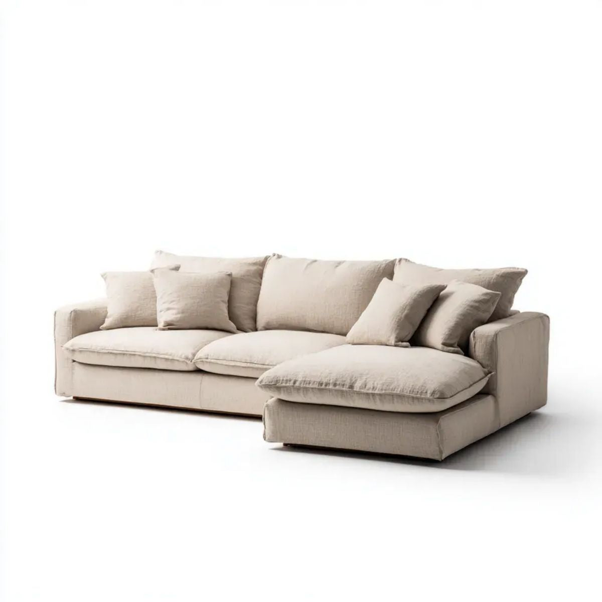 Beżowa sofa narożna z prawostronnym szezlongiem, tapicerka poliestrowa, 300 x 170 x 85 cm