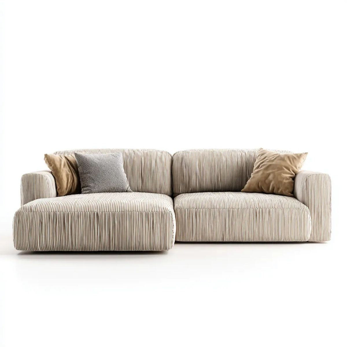 Beżowa sofa narożna w kształcie L z lewym szezlongiem, tapicerowana tkaniną sztruksową, 260 × 160 × 85 cm