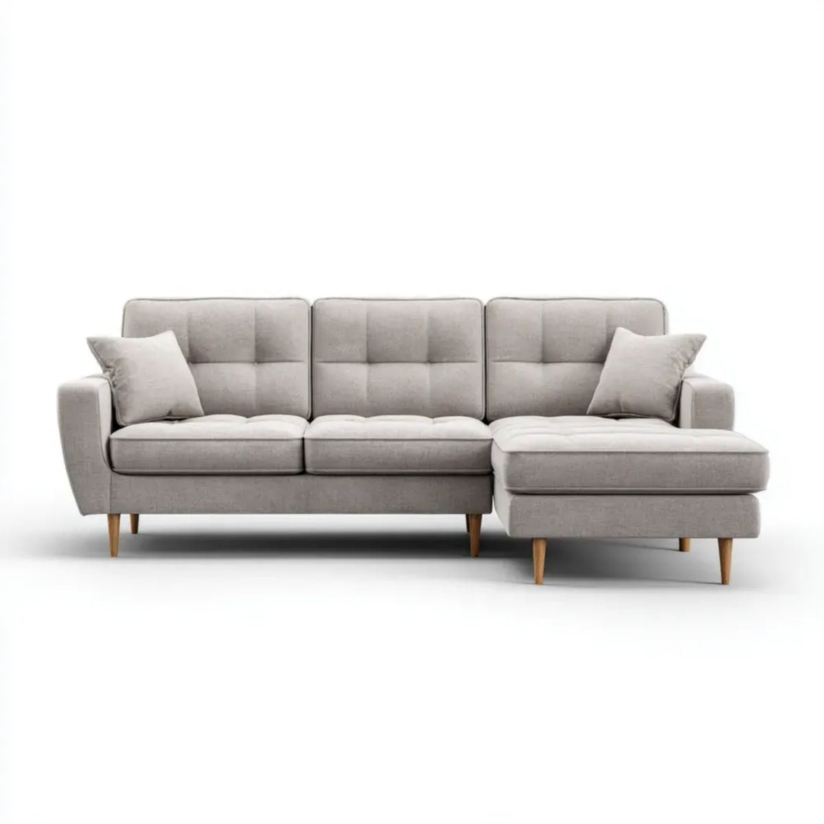 Szara sofa narożna w kształcie L z prawostronnym szezlongiem, tapicerka poliestrowa, 250 x 150 x 85 cm