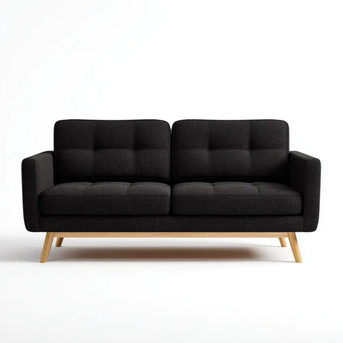 Sofa dwuosobowa czarna z obiciem poliestrowym i nogami z drewna kauczukowego, 150 x 80 x 85 cm