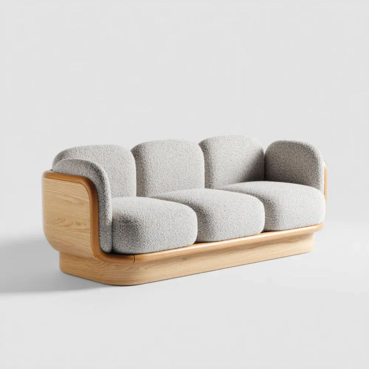 Sofa 3-osobowa kremowa z tapicerką bouclé i drewnianą podstawą, 230 × 92 × 76 cm