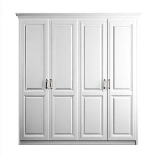 Biała czterodrzwiowa szafa ubraniowa z płyty MDF i laminowanej płyty wiórowej 200 × 60 × 220 cm