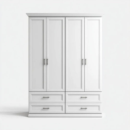 Biała czterodrzwiowa szafa garderobiana z MDF i płyty wiórowej, 180 × 60 × 200 cm, 4 szuflady