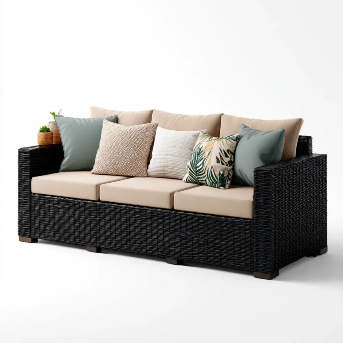 3-osobowa sofa ogrodowa z technorattanu, czarna z beżowymi poduszkami, 210 x 85 x 85 cm