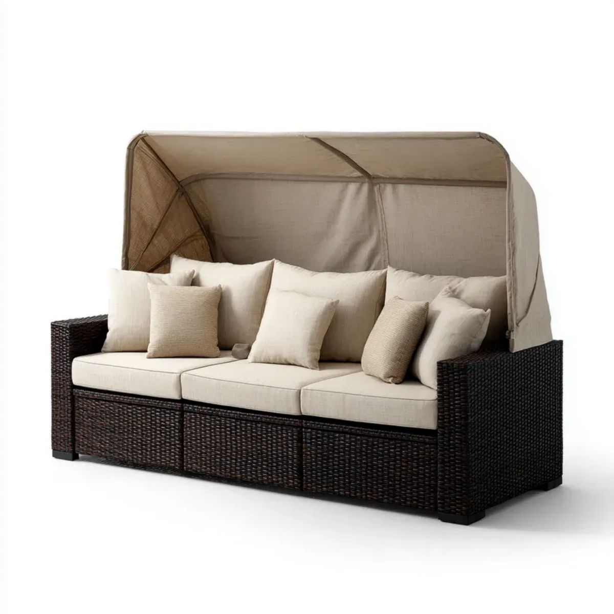 3-osobowa sofa ogrodowa z baldachimem z technorattanu i poliestru, brązowo-beżowa, 210 x 85 x 180 cm
