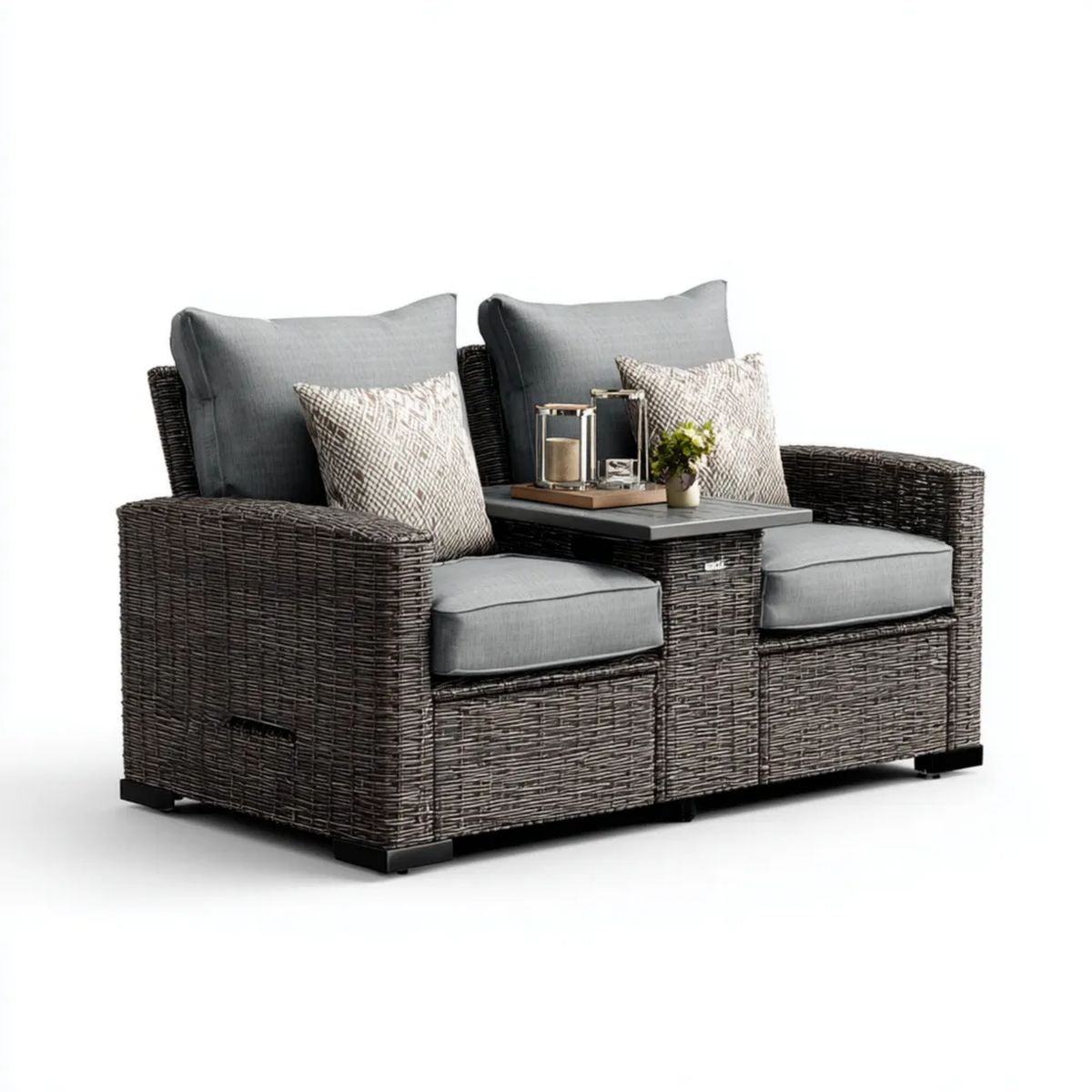 Dwuosobowa sofa ogrodowa z technorattanu PE z centralnym blatem, antracytowo-szara, 160 x 75 x 85 cm